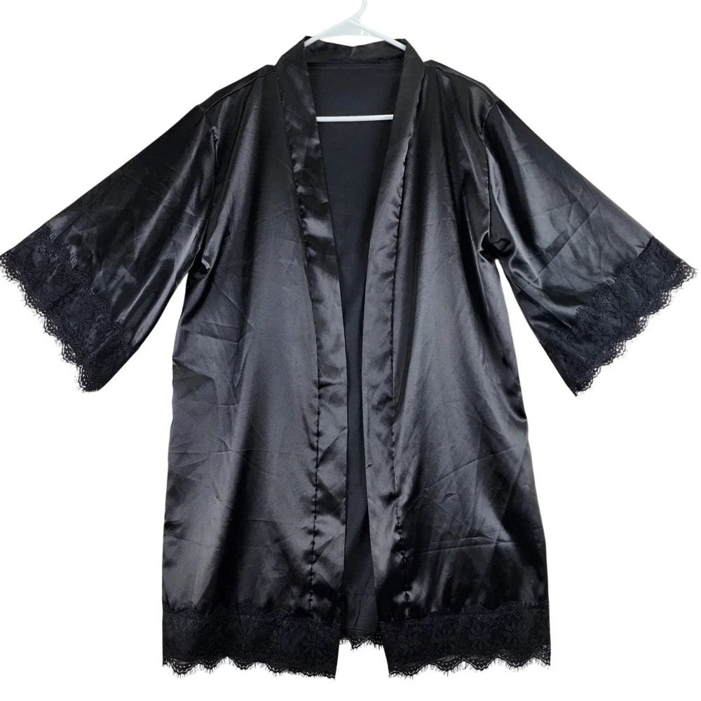 Satin Kimono‎ Robe Womens Small Black Excellent Lace Trim 3/4 Sleeve